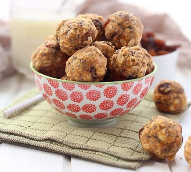 Bowl of no-bake oatmeal protein balls