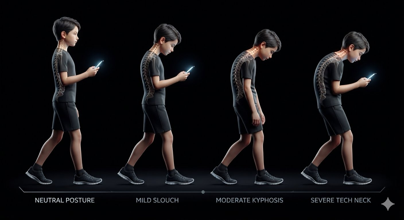 tech neck slouching epidemic discussed by calgary chiropractic doctor, Dr. Richard Yoshimura. Image shows increasing cases of tech neck in youth.
