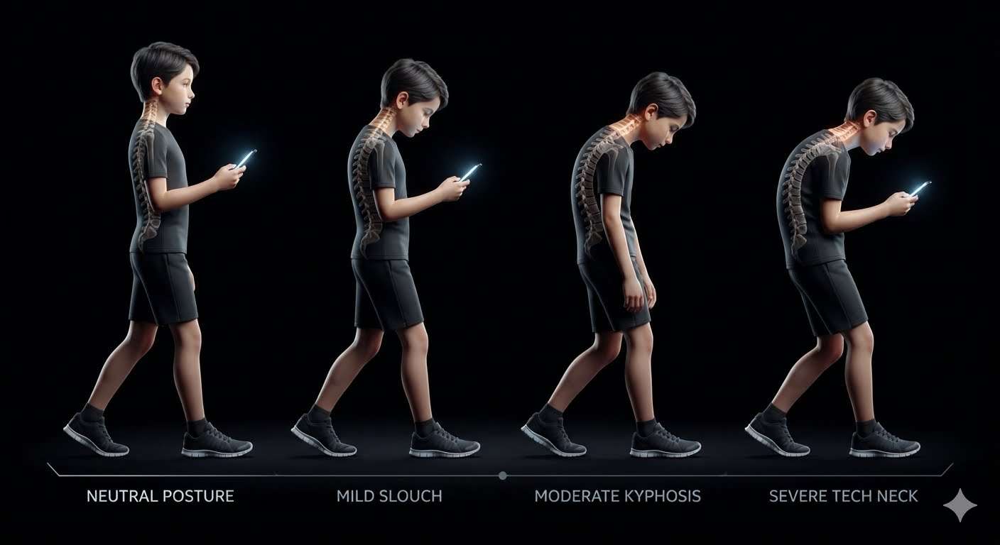 Four side-view illustrations of a child using a phone showing spinal changes from neutral posture to mild slouch, moderate kyphosis and severe tech neck