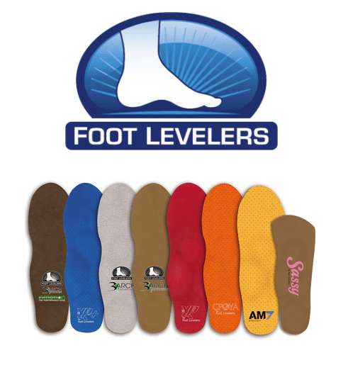 Foot Levelers logo above a fanned row of custom orthotic insoles in assorted colours